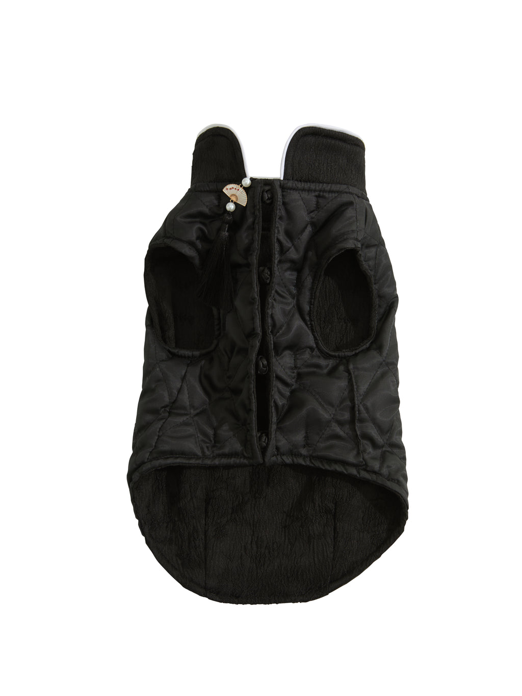Black Quilted Dog Coat – White Piping & Fan Tassel