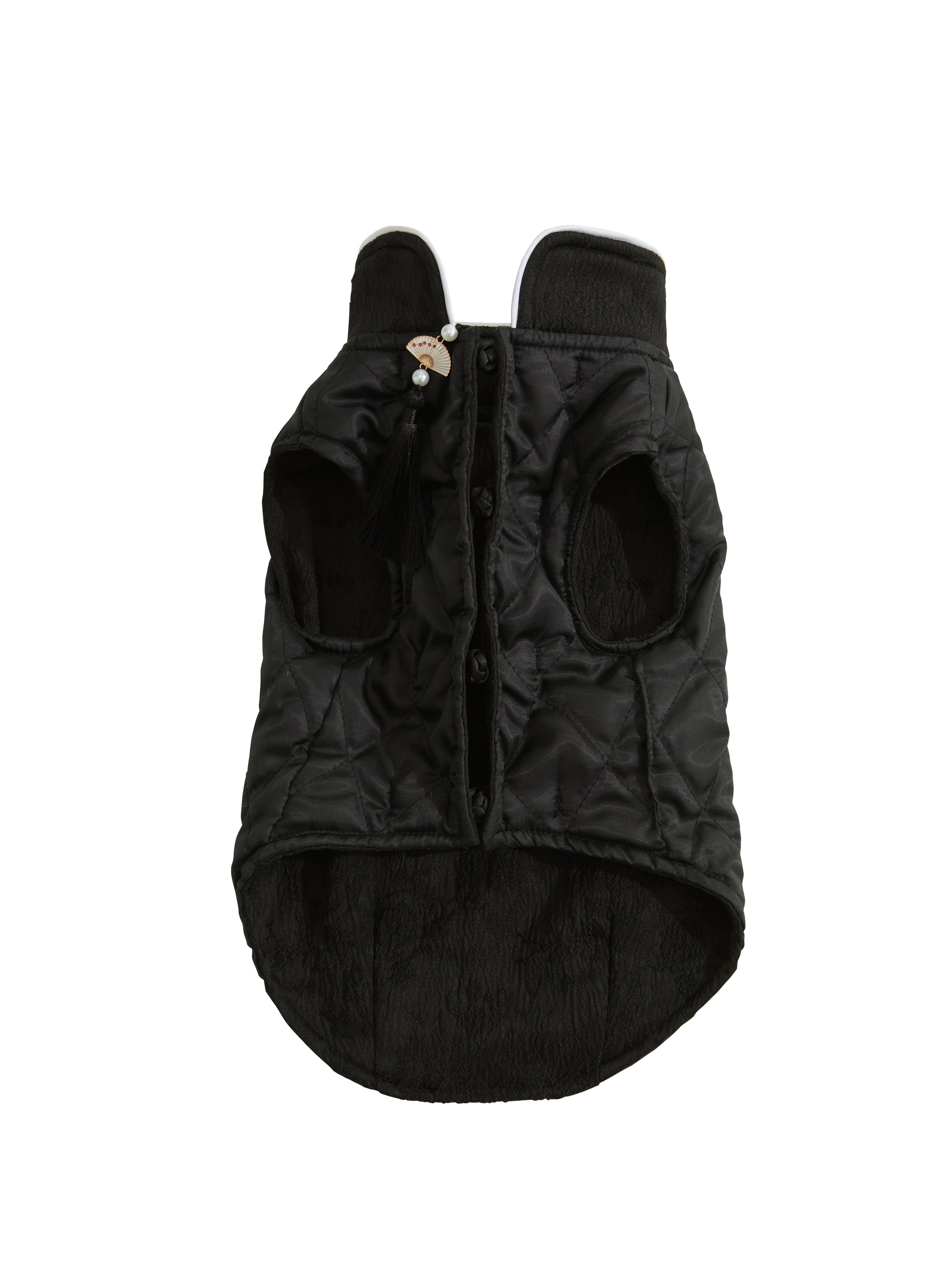 Black Quilted Dog Coat – White Piping & Fan Tassel