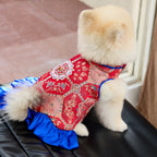 Crimson Brocade Dog Dress – Cobalt Ruffle Skirt