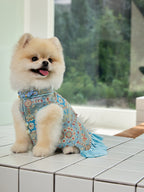 Powder Blue Brocade Dog Dress – Ruffled Cape Hem