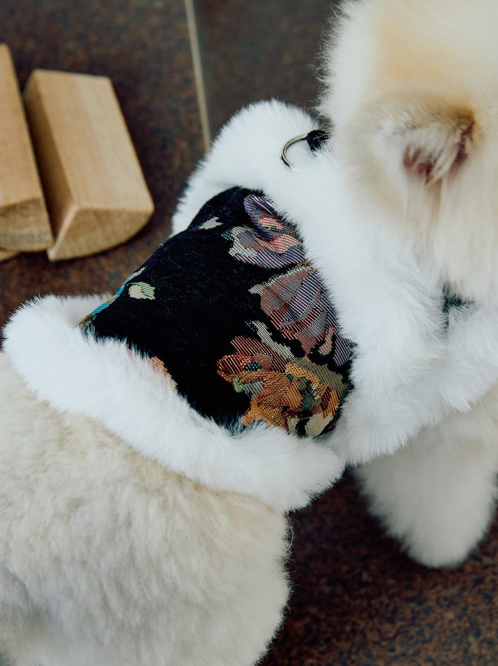 Black Floral Brocade Dog Vest – Ivory Faux-Fur Trim