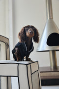 Black Quilted Dog Coat – White Piping & Fan Tassel