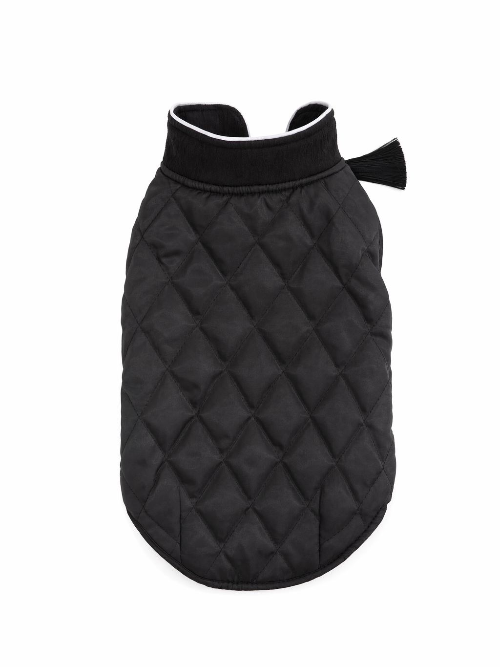 Black Quilted Dog Coat – White Piping & Fan Tassel
