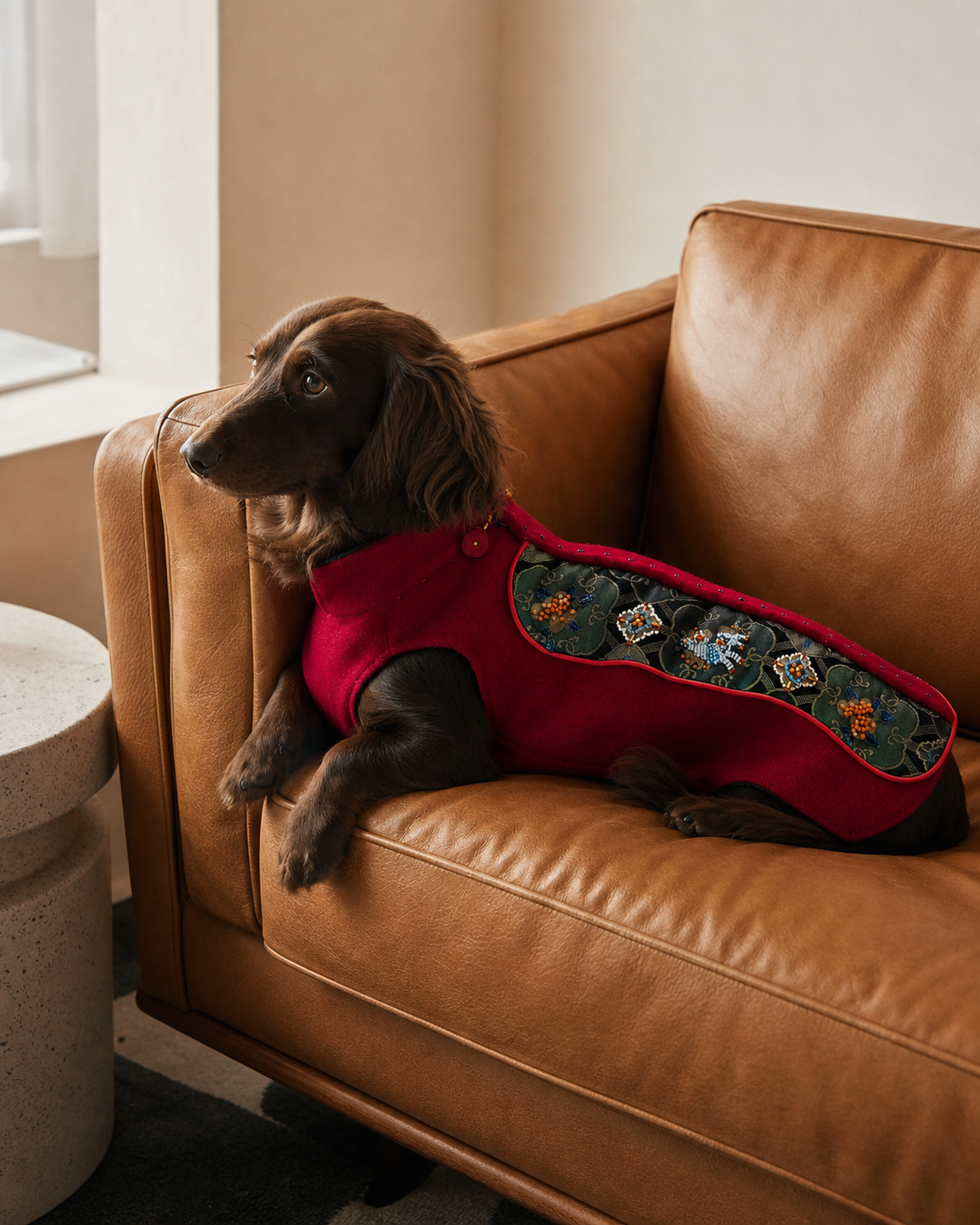 Crimson Dog Coat – Teal Brocade Back Panel