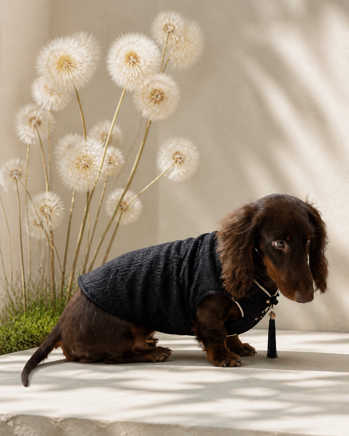 Black Quilted Dog Coat – White Piping & Fan Tassel
