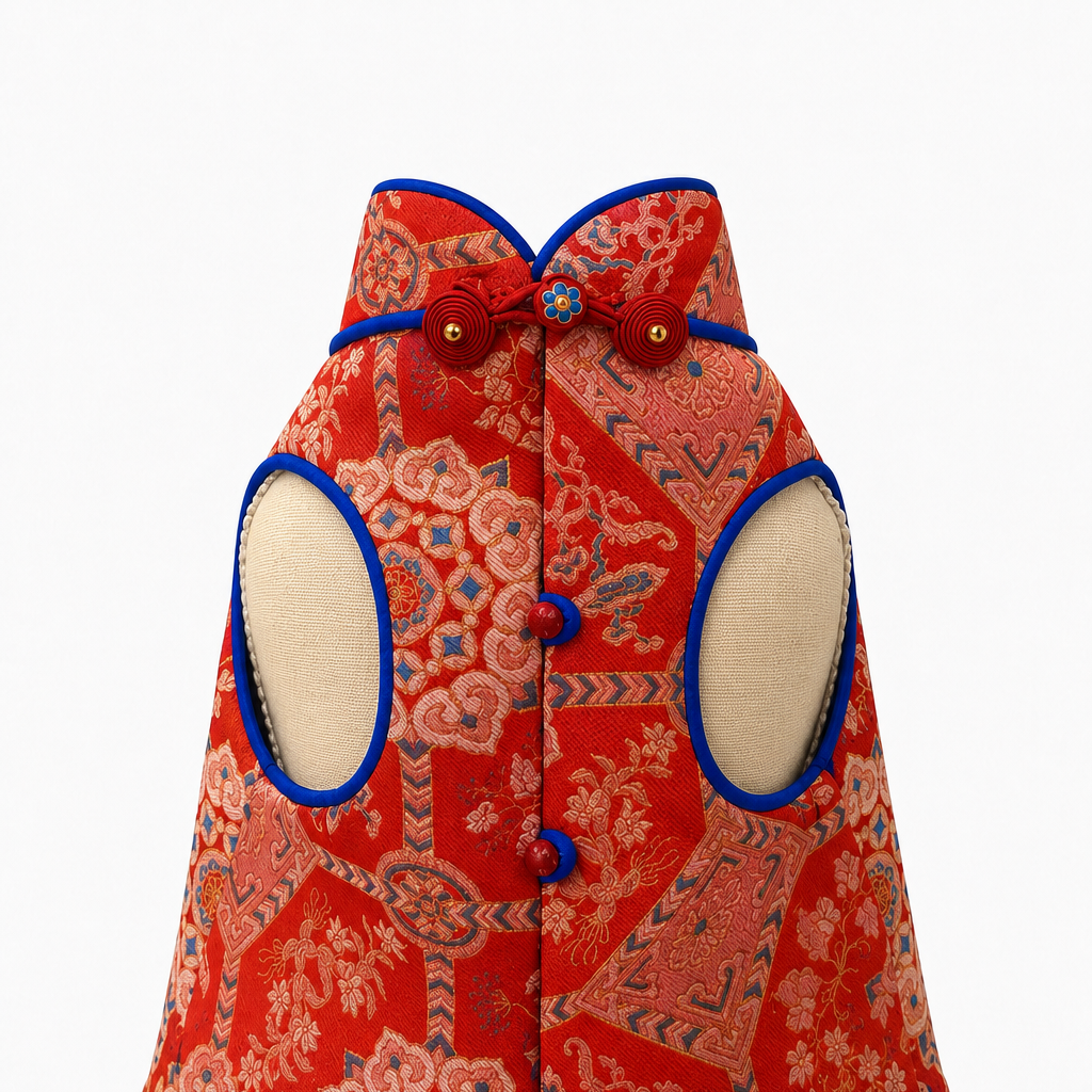 Crimson Brocade Dog Dress – Cobalt Ruffle Skirt