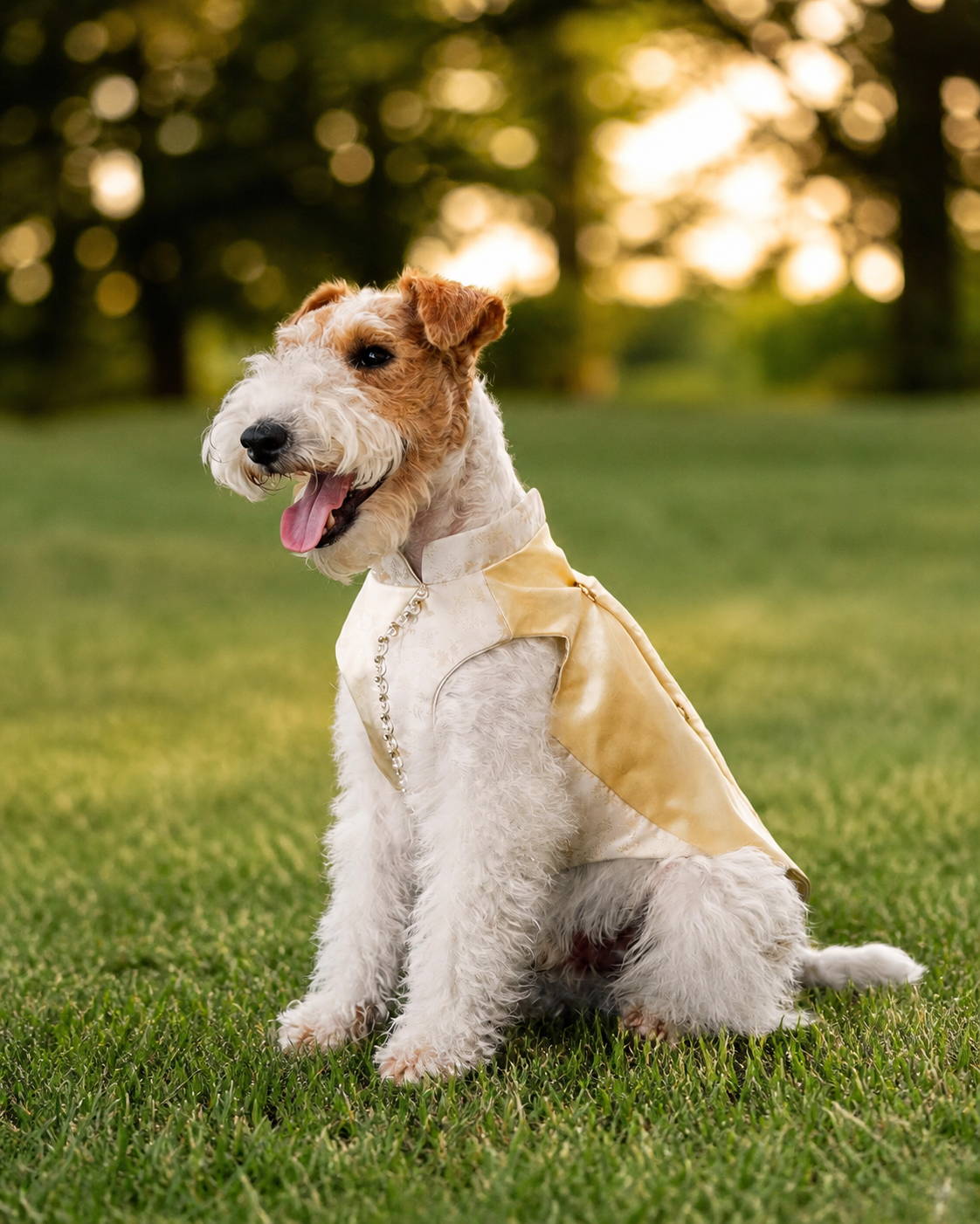 Wire-haired terrier wearing Panco's champagne beaded dog cape in a natural seated outdoor pose
