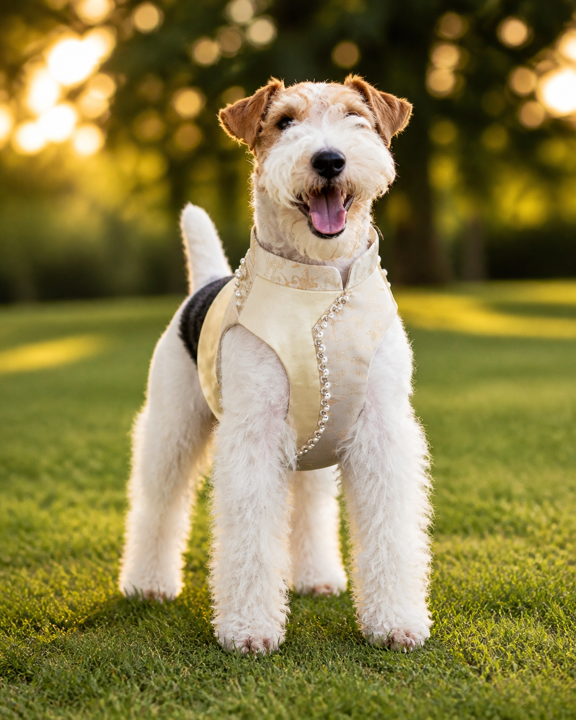 Wire-haired terrier wearing Panco's champagne beaded dog cape in a front-facing outdoor portrait