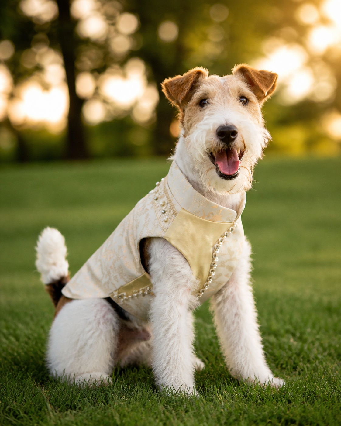Wire-haired terrier wearing Panco's champagne beaded dog cape in a three-quarter seated outdoor portrait