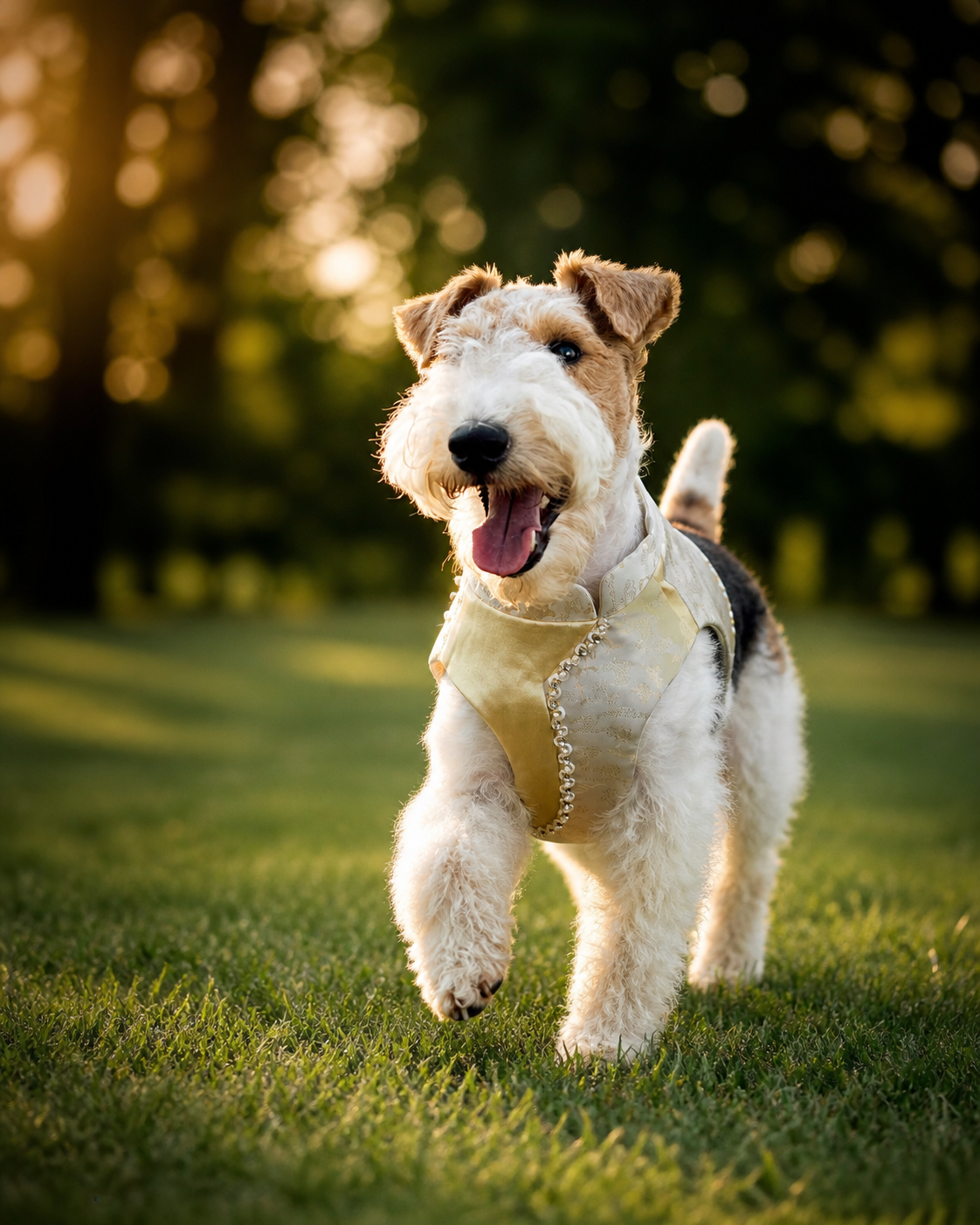 Wire-haired terrier walking outdoors while wearing Panco's champagne beaded dog cape