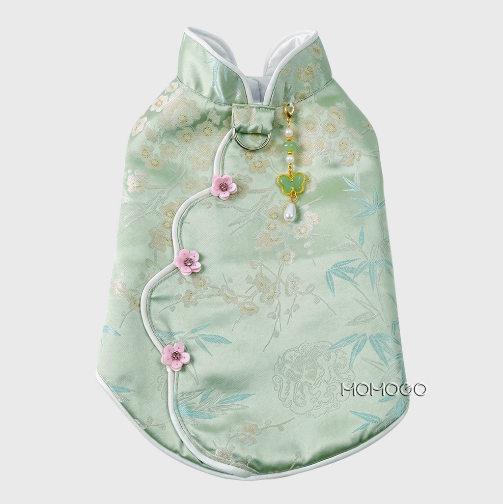 Celadon Mandarin Collar Dog Jacket – Chinese-Style Floral Brocade