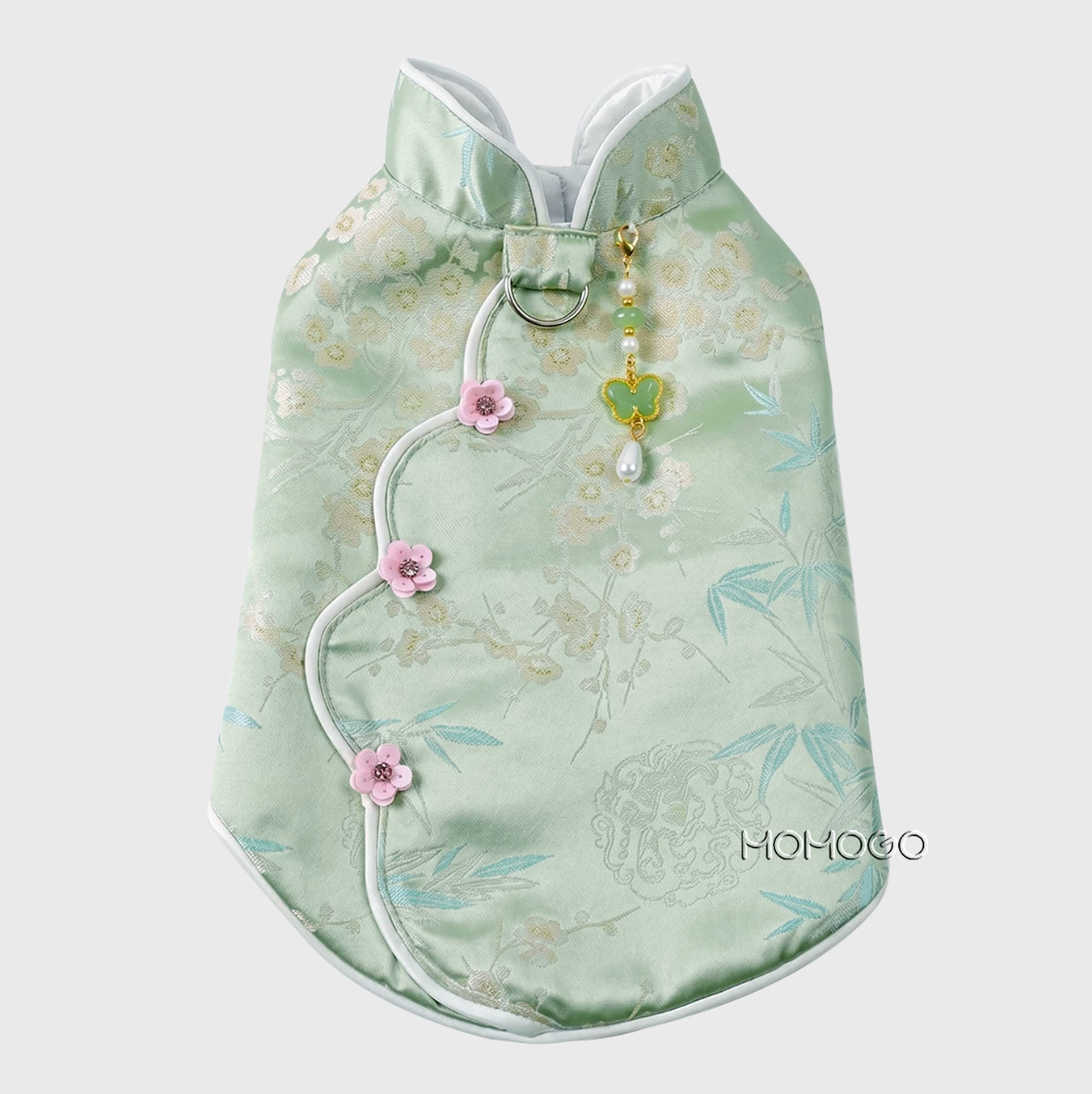 Celadon Mandarin Collar Dog Jacket – Chinese-Style Floral Brocade