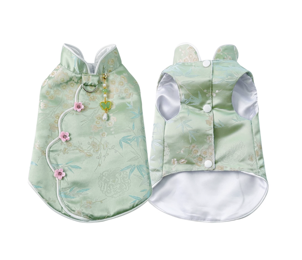 Celadon Mandarin Collar Dog Jacket – Chinese-Style Floral Brocade