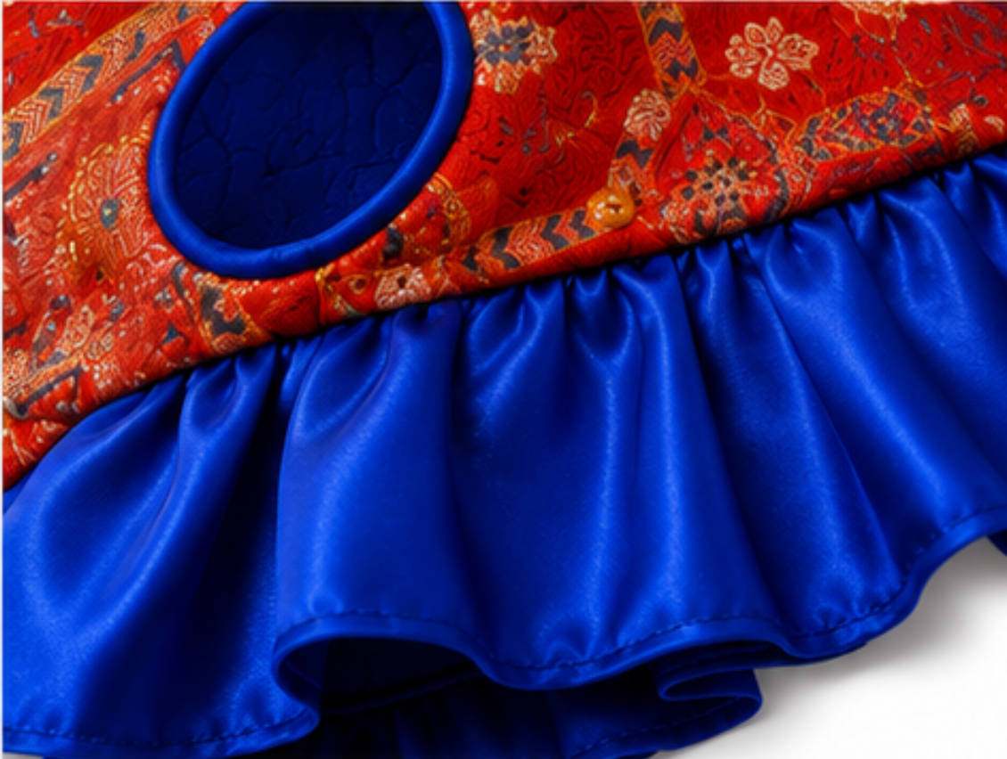 Crimson Brocade Dog Dress – Cobalt Ruffle Skirt