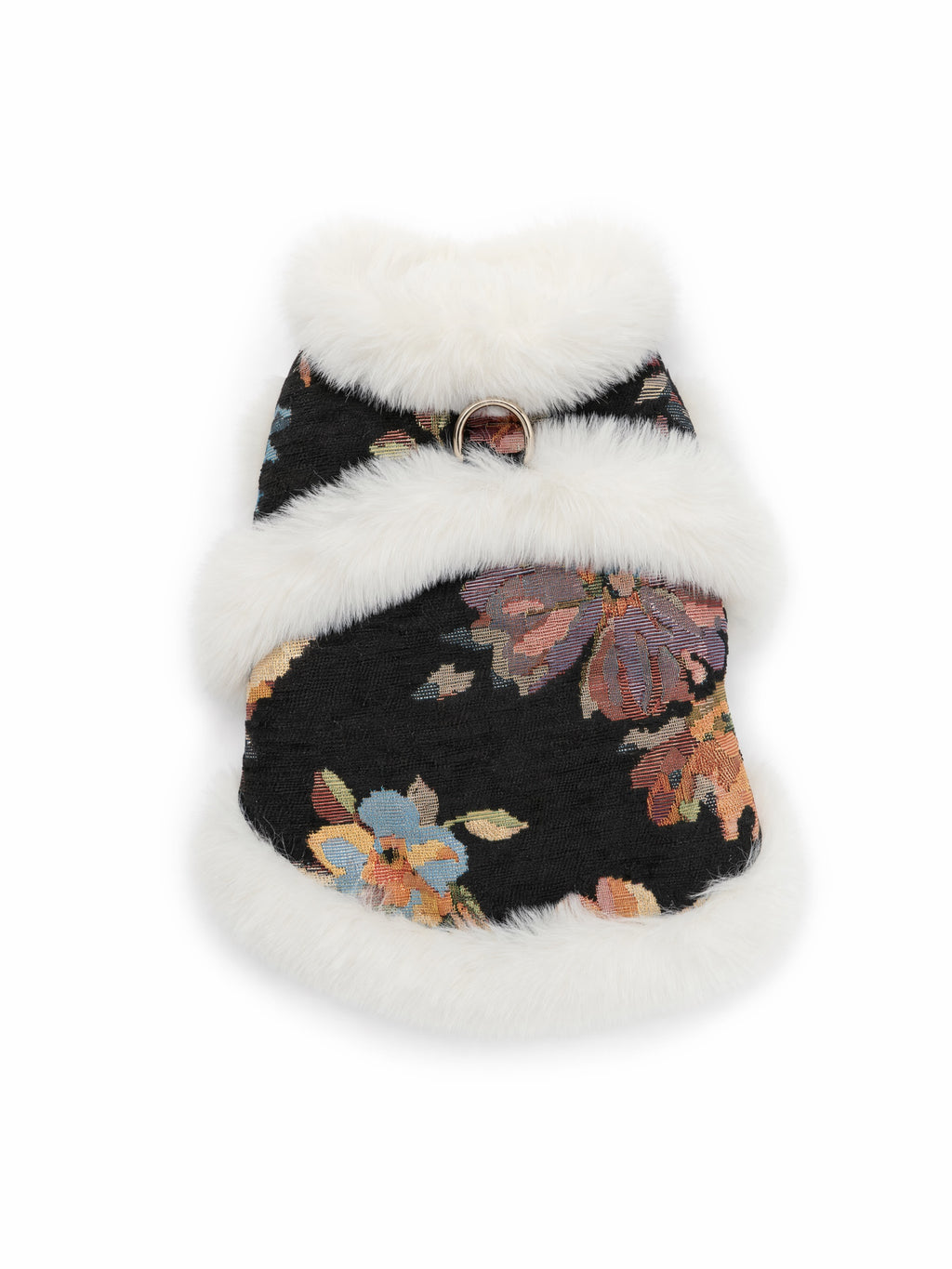Black Floral Brocade Dog Vest – Ivory Faux-Fur Trim