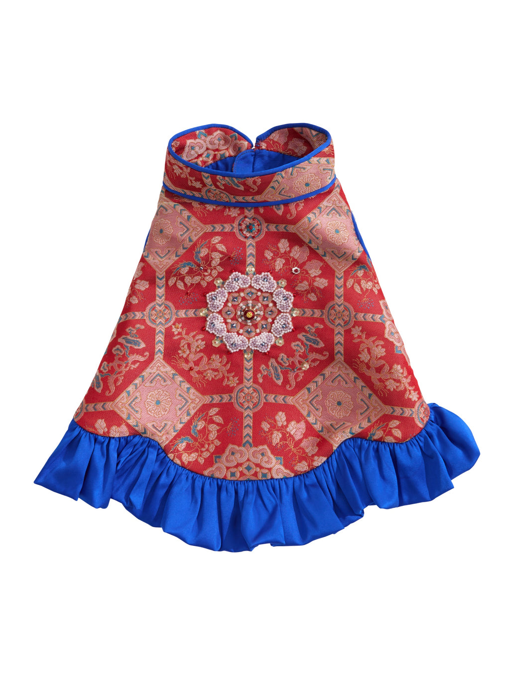 Crimson Brocade Dog Dress – Cobalt Ruffle Skirt