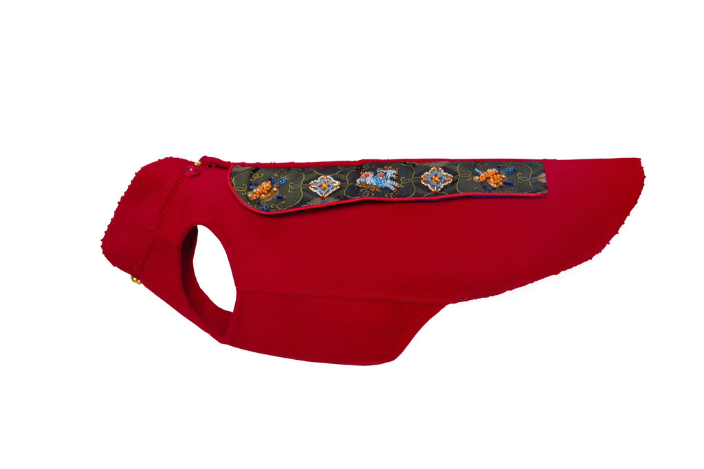 Crimson Dog Coat – Teal Brocade Back Panel
