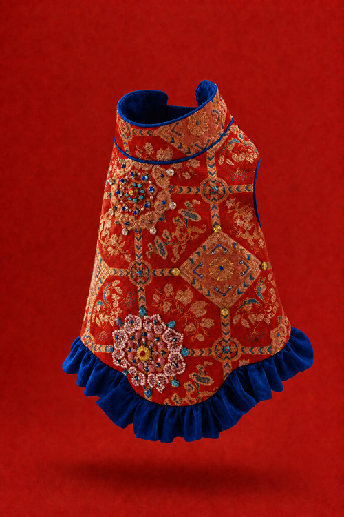 Hand-Beaded Dog Jacket – Chinese Mulberry Silk Brocade with Ruyi Cloud Motif