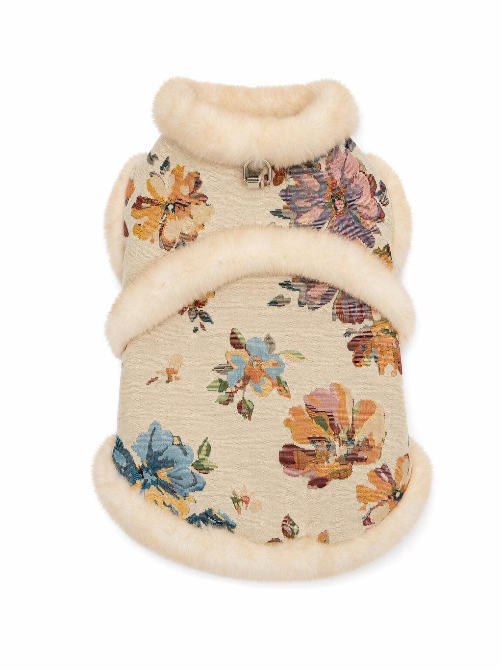 Ivory Floral Brocade Dog Vest – Plush Faux-Fur Trim