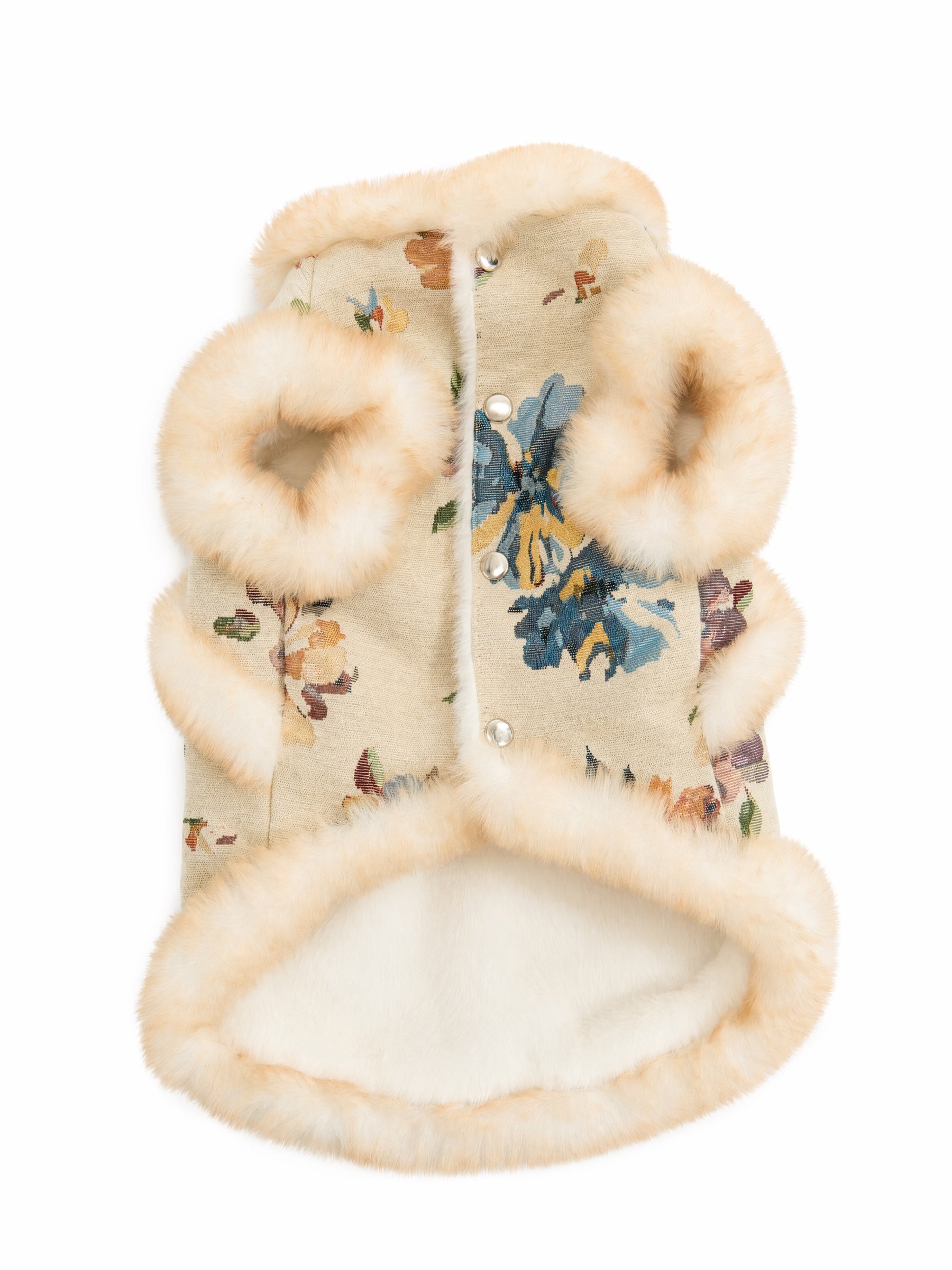 Ivory Floral Brocade Dog Vest – Plush Faux-Fur Trim