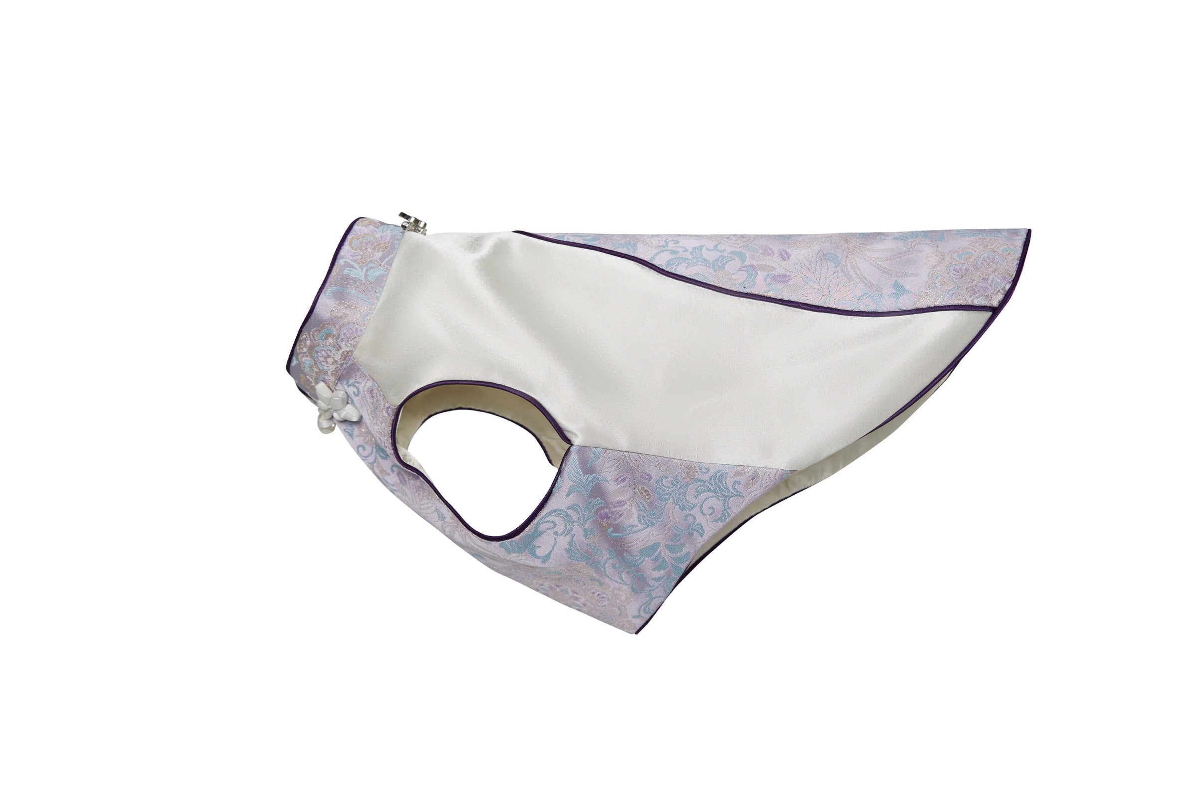 Ivory & Lavender Brocade Dog Cape – Pearl Frog Closure