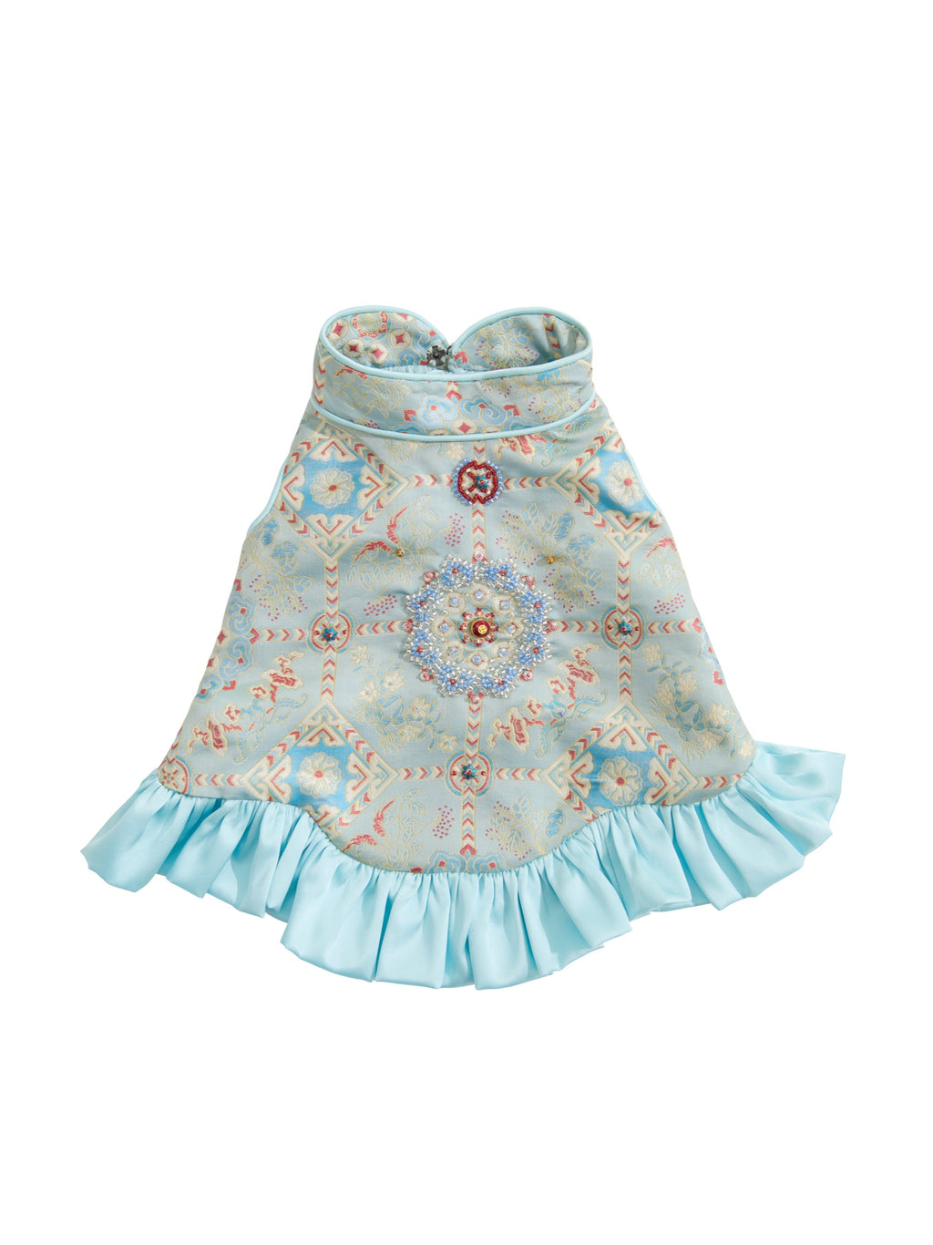 Powder Blue Brocade Dog Dress – Ruffled Cape Hem