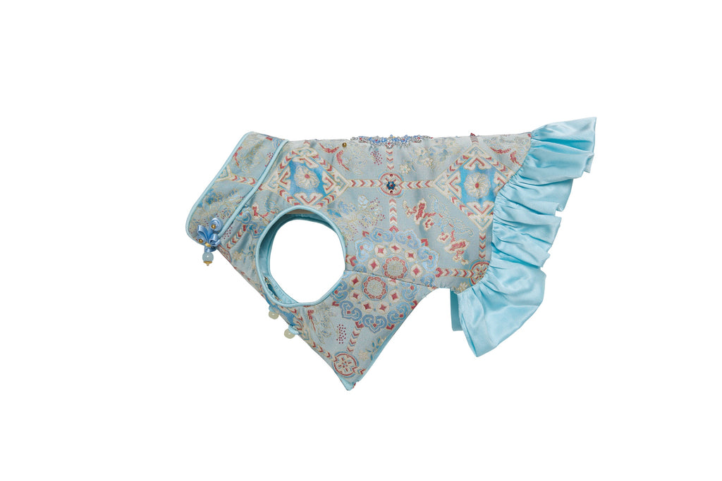 Powder Blue Brocade Dog Dress – Ruffled Cape Hem