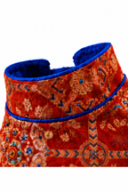Crimson Brocade Dog Dress – Cobalt Ruffle Skirt