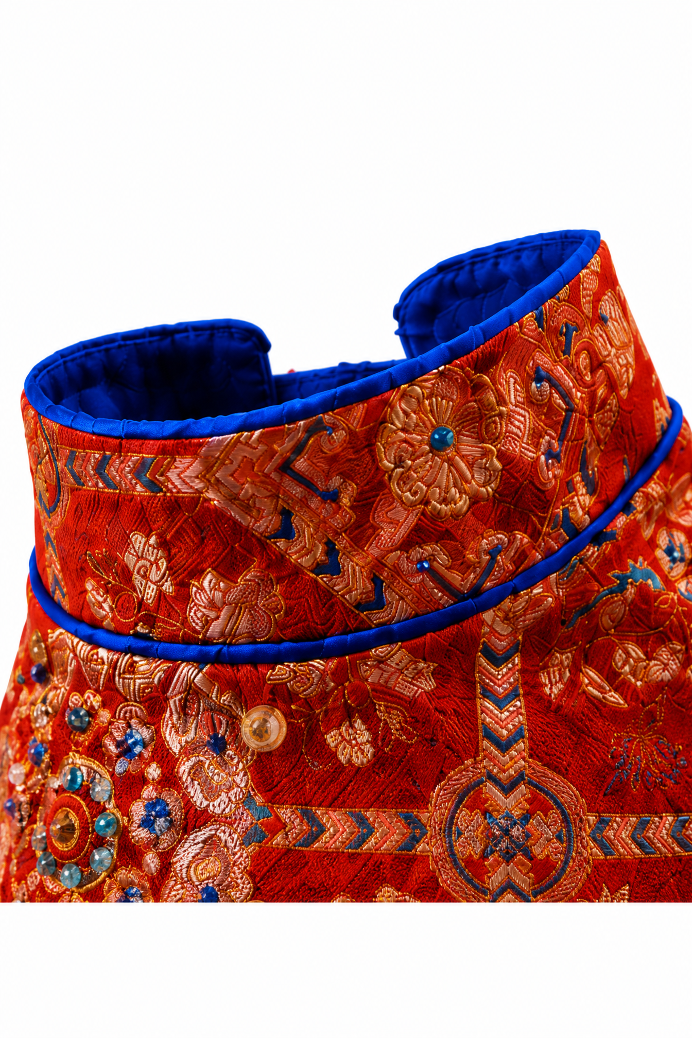 Crimson Brocade Dog Dress – Cobalt Ruffle Skirt