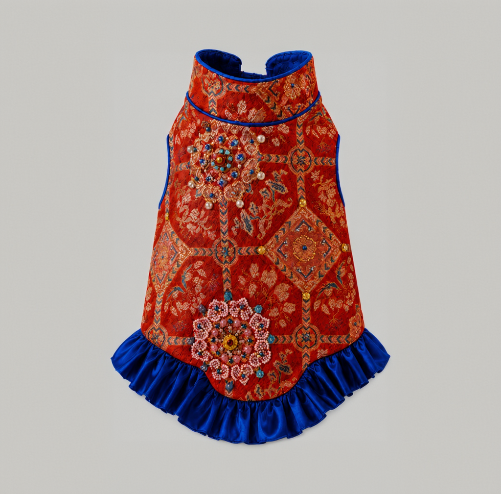 Crimson Brocade Dog Dress – Cobalt Ruffle Skirt