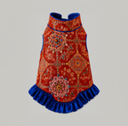 Crimson Brocade Dog Dress – Cobalt Ruffle Skirt